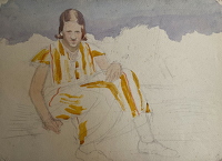 Sketch of a girl out of doors in a...