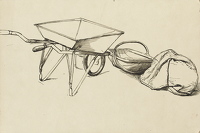 Wheelbarrow, basket and sack
