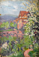 House with Spring Blossom Tree on...
