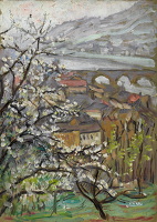 View across  orchard over a bridge...
