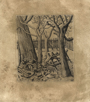 Apple orchard with chopped wood and...