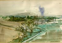 Landscape with blue smoke rising
