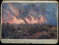 Gunners passing burning buildings