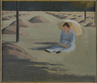 Mabel Knights seated in a hayfield