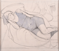 Reclining model in a blue bathing suit