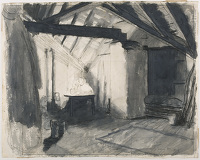 Interior scene with woman reading by...