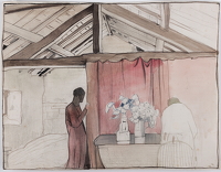 Interior with beamed roof; two...