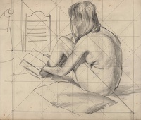 Model seated reading 3/4 rear view