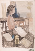 Audrey in profile by the artist's table