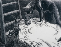 Mother attending to her two kittens