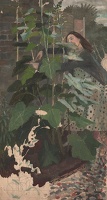 Woman Tending Hollyhocks (Alcea...