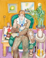 Man and cat in sitting room, circa 1975
