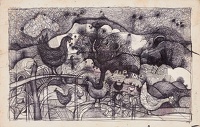 Chickens in a Neo -Romantic landscape