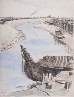 Abandoned boat on the mud bank of an...