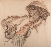 Soldier Drinking Wine from a Bottle...