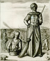 Girl with broom & figures picking fruit