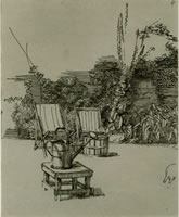 Two deckchairs and a watering can in...