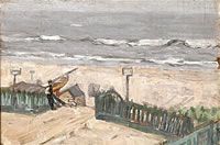 Bathing huts with fishermanand dog