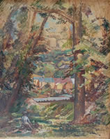 Landscape: houses through gap in trees