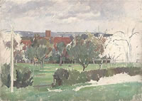 Red roof and chimneys across orchard