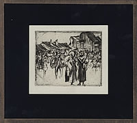 Crowd scene outside village -...