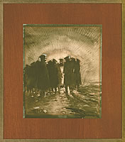 Officers by trenches meeting at dusk