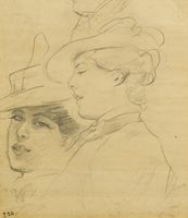 Head of a woman wearing a decorated hat