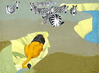 Lion stalking zebras 1934